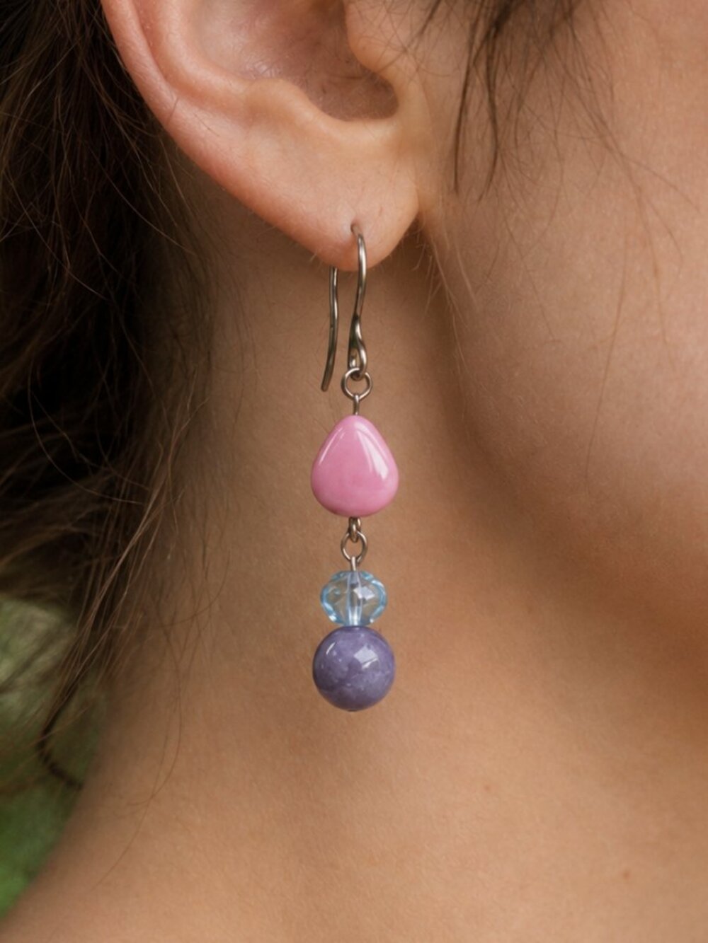 Purple Angelite Gemstone Silver Dangle Earrings, Handmade Abstract Boho Jewelry